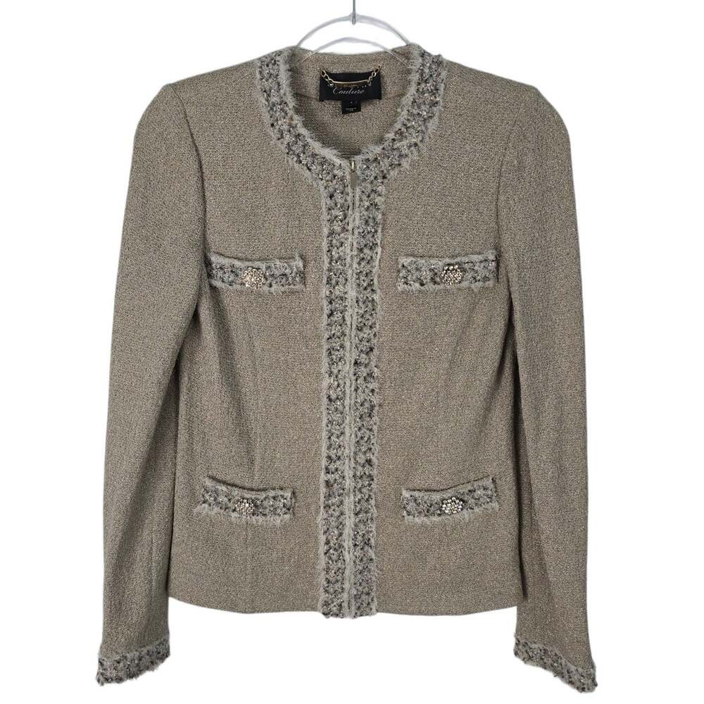 St. John Couture Santana Knit Metallic Tan Blazer Rhinestone Trim Zip Front 4